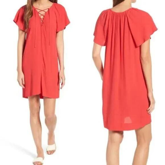 Madewell Red Lace Up V-neck Flutter Sleeves Shift Dress Size M - Picture 1 of 6